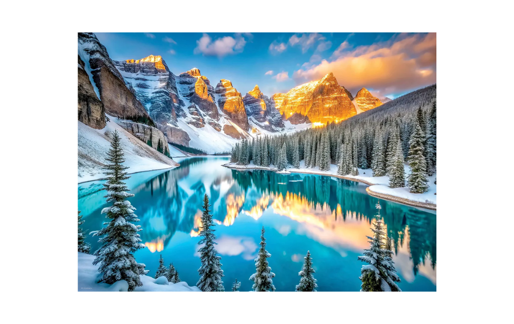 Eurographics Lake Moraine puzzle featuring scenic mountains and tranquil blue waters in a winter landscape