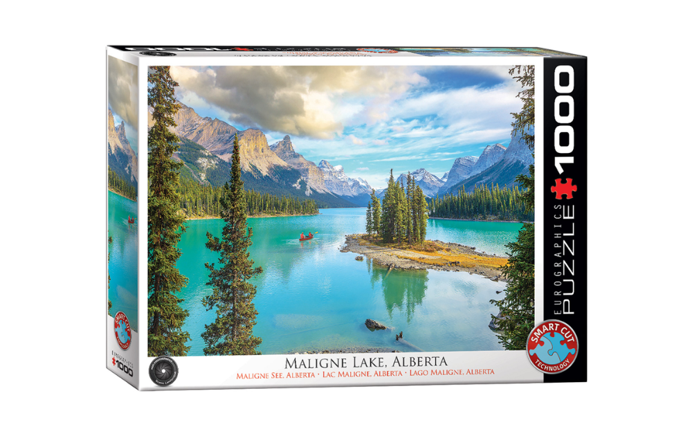 Eurographics 1000 piece Maligne Lake Alberta jigsaw puzzle box showing turquoise lake island mountains