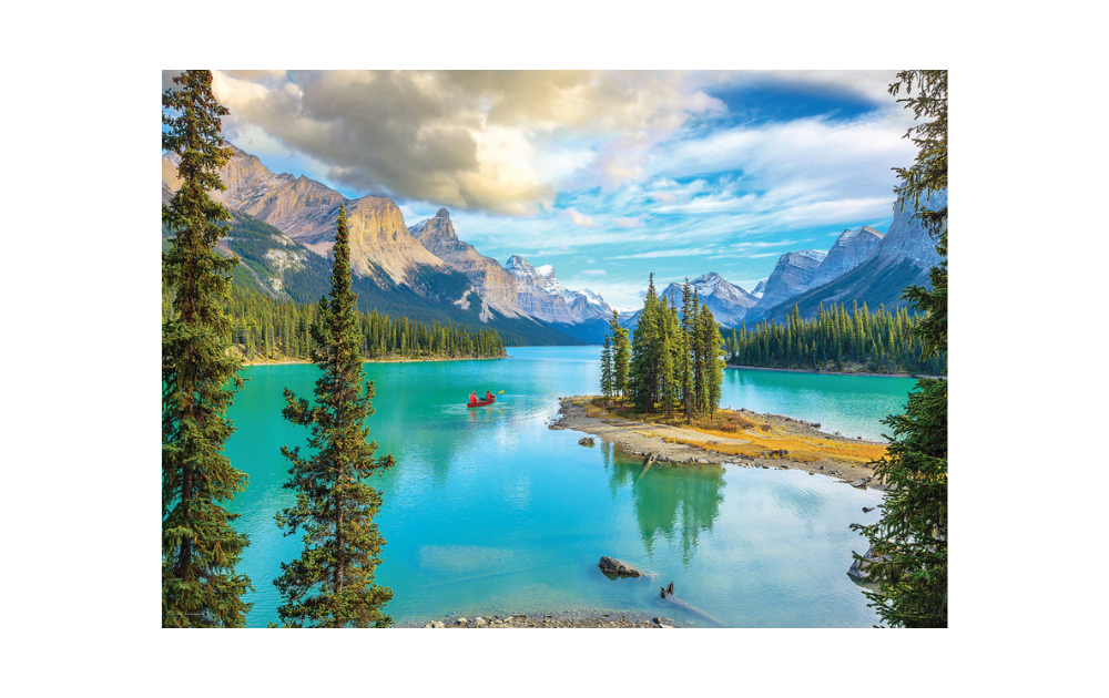 Eurographics Maligne Lake Alberta jigsaw puzzle featuring turquoise lake Spirit Island canoe and mountain scenery