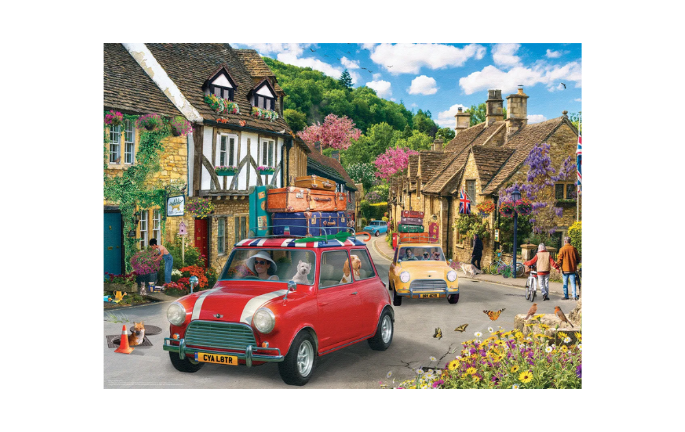 Eurographics Mini Cooper jigsaw puzzle 1000 pieces featuring classic cars in a beautiful village scene