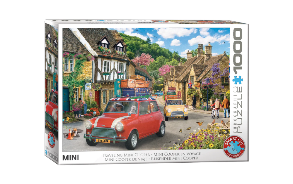 Eurographics Mini Cooper jigsaw puzzle 1000 pieces featuring classic cars in a scenic village setting