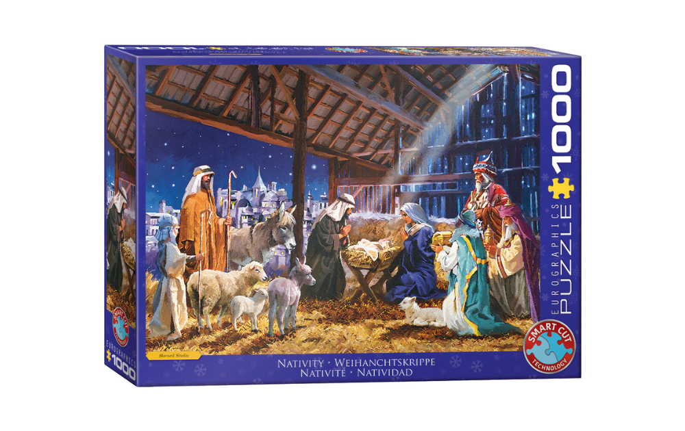 Eurographics nativity jigsaw puzzle 1000 piece box showing stable scene with Mary Joseph baby Jesus shepherds and animals