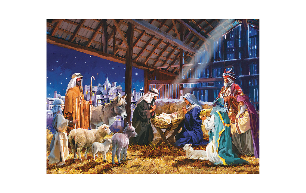 nativity jigsaw puzzle 1000 piece depicting Mary Joseph and baby in stable with shepherds wise men and animals