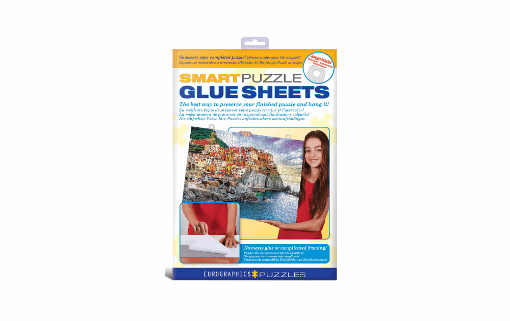 Eurographics puzzle glue sheets for preserving and displaying completed jigsaw puzzles easily