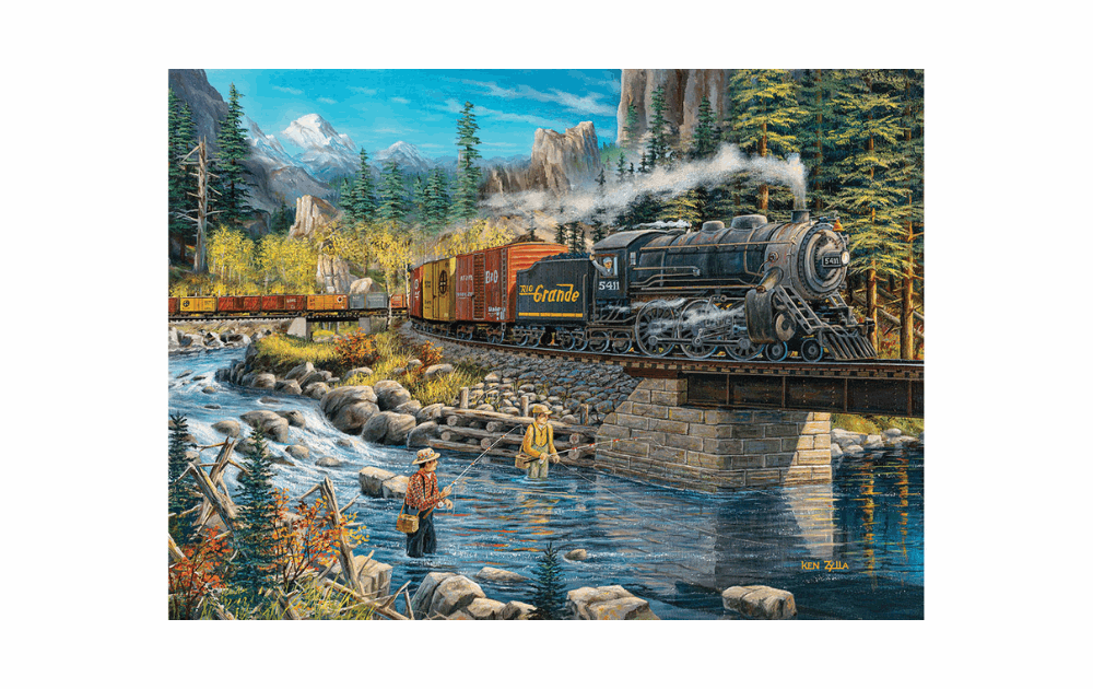Eurographics River Silence puzzle featuring a scenic train crossing a bridge by a tranquil river