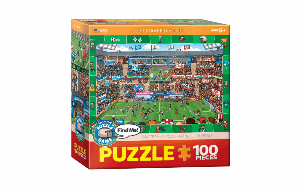 Eurographics spot and find jigsaw puzzle featuring a vibrant soccer scene with 100 pieces