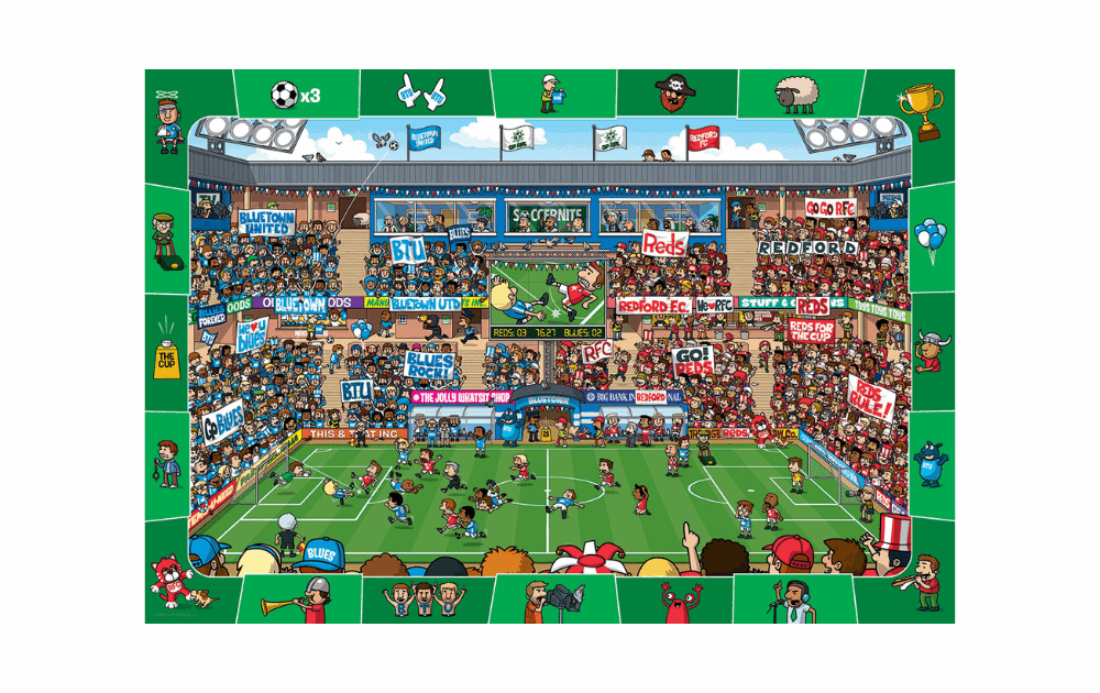 Eurographics spot and find jigsaw featuring a vibrant soccer stadium scene with animated characters