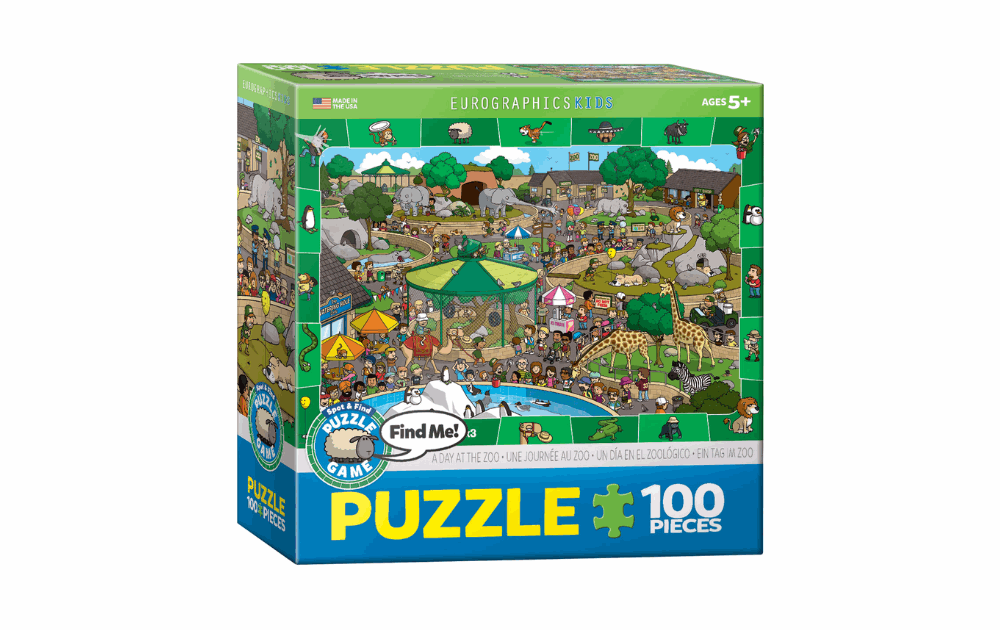 Eurographics spot and find puzzle box featuring a colorful, busy park scene with 100 pieces for ages 5 and up