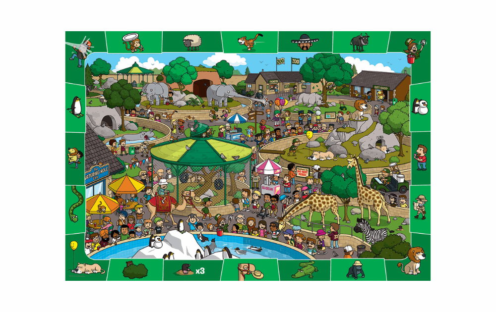 Eurographics spot and find puzzle featuring a colorful zoo scene with various animals and visitors