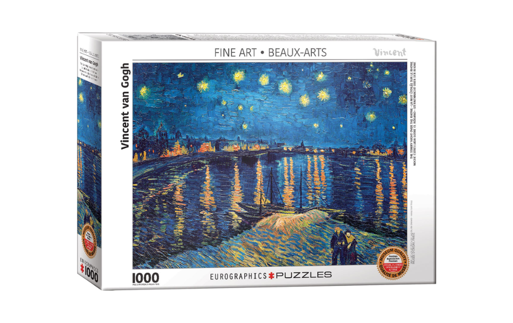 The Starry Night Over The Rhone 1000 Piece Jigsaw Puzzle from Eurographics featuring a vibrant night scene by Van Gogh