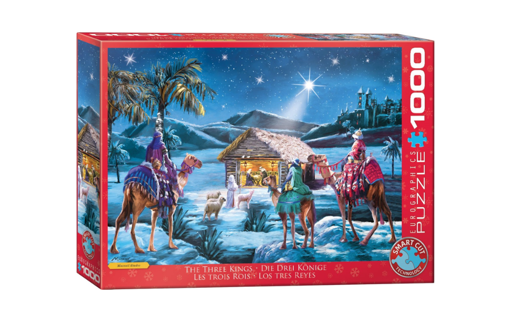 Eurographics Three Kings 1000 piece jigsaw puzzle showing wise men on camels approaching nativity stable under a bright star