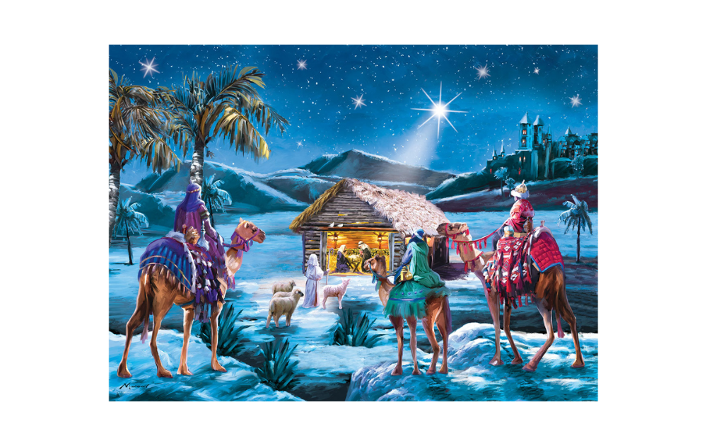 Three Kings 1000 piece jigsaw puzzle nativity with three kings on camels arriving at illuminated stable under a guiding star