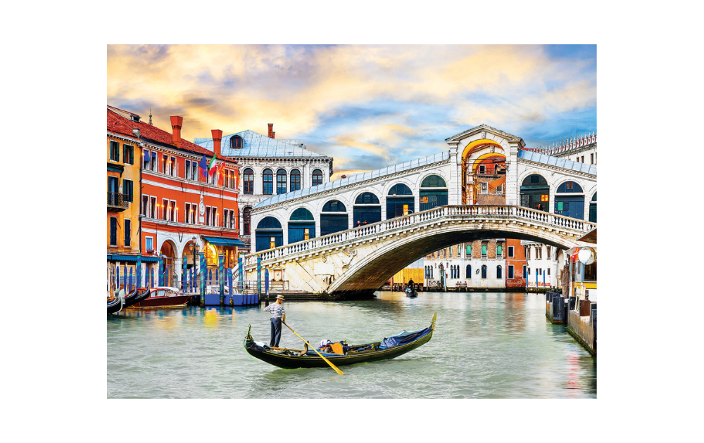 Eurographics Venice Rialto Bridge jigsaw puzzle showing gondola on Grand Canal with colourful Venetian buildings