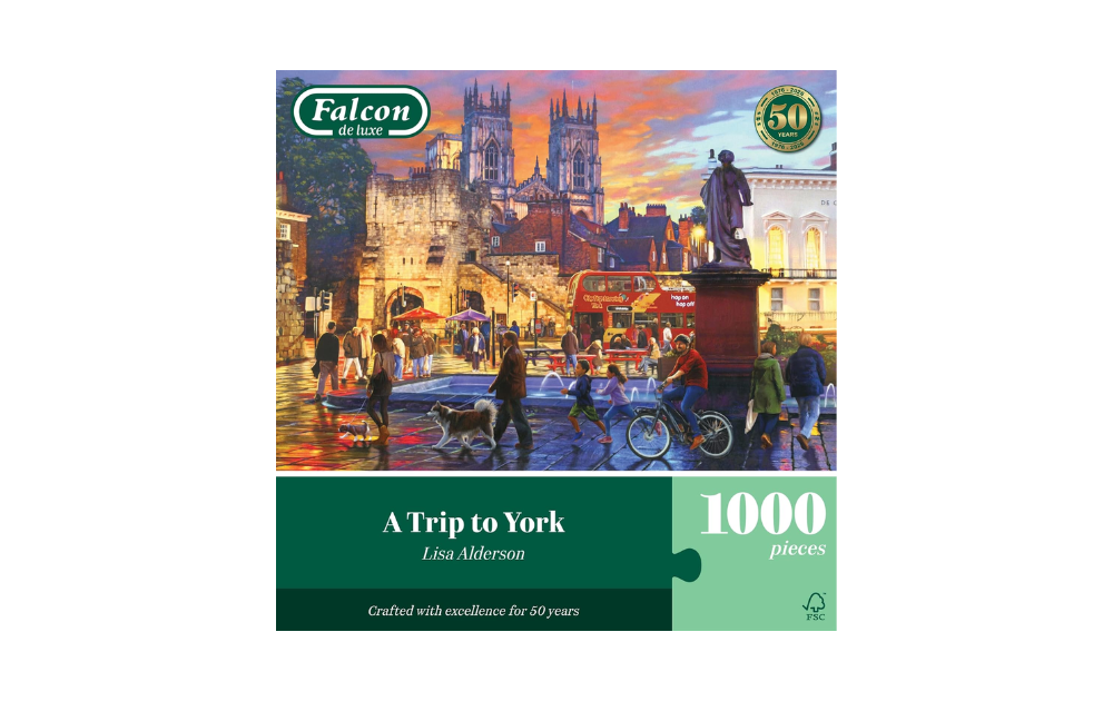 A Trip to York 1000 Piece Jigsaw Puzzle by Falcon featuring a vibrant city scene with historical landmarks