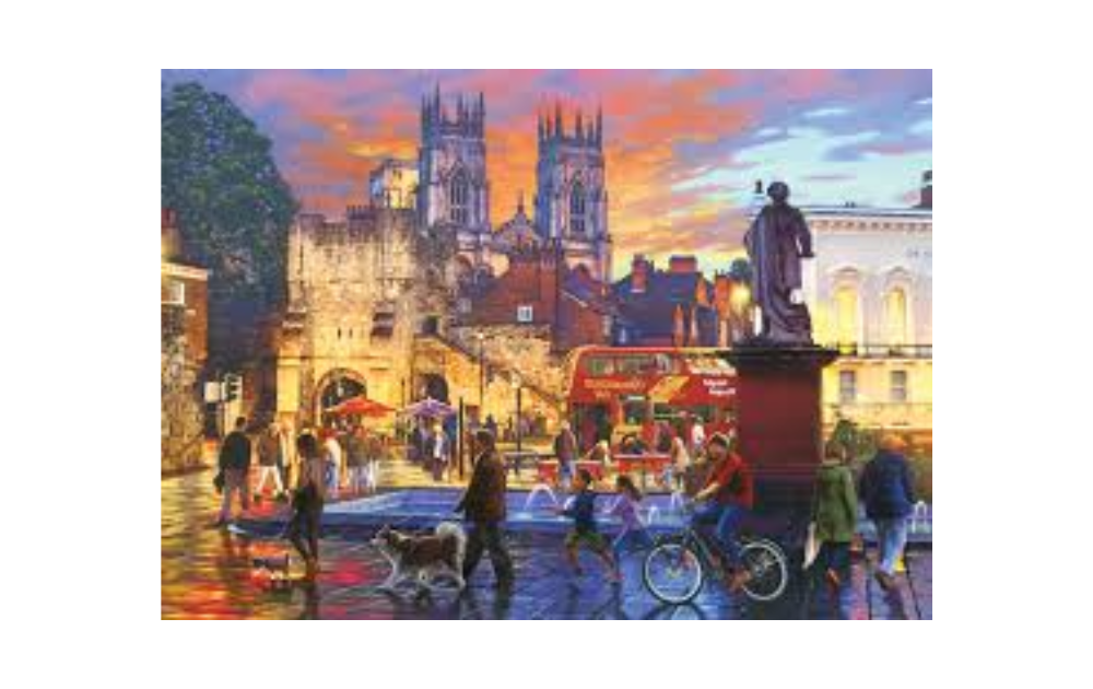A Trip to York 1000 Piece Jigsaw Puzzle by Falcon featuring a vibrant cityscape with historical buildings and people.