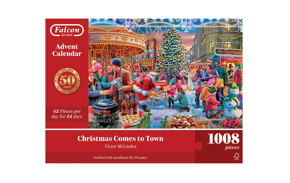 Christmas Comes to Town Advent Calendar by Falcon featuring a festive scene with 1008 pieces for holiday cheer