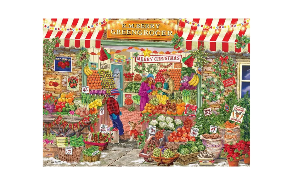 Festive Greengrocers 1000 Piece Jigsaw Puzzle by Falcon showcasing a vibrant market full of fruits and vegetables