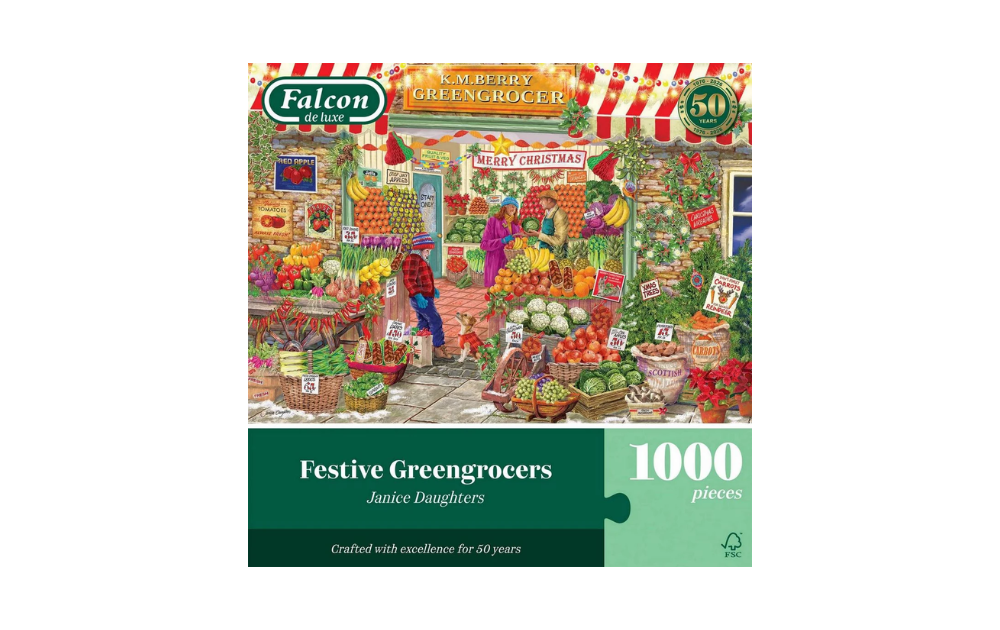 Falcon Festive Greengrocers 1000 Piece Jigsaw Puzzle featuring a vibrant market scene filled with fruits and festive decorations