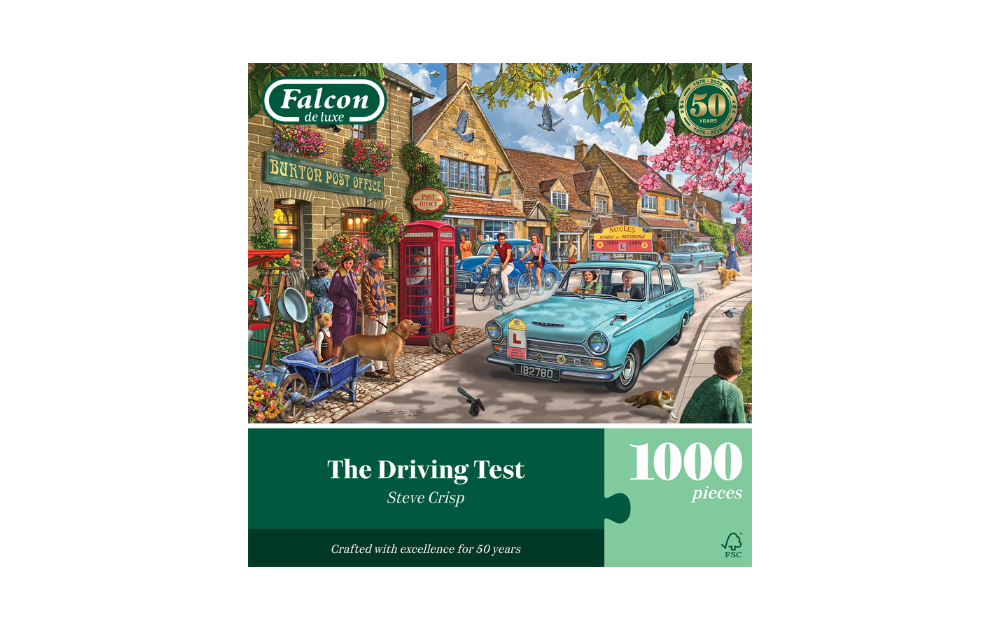 The Driving Test 1000 Piece Jigsaw Puzzle by Falcon featuring a bustling village scene with cars and shops