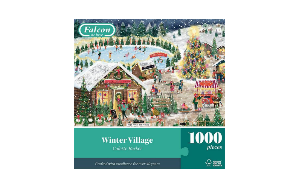 Winter Village 1000 Piece Jigsaw Puzzle by Falcon depicting a festive snowy village scene
