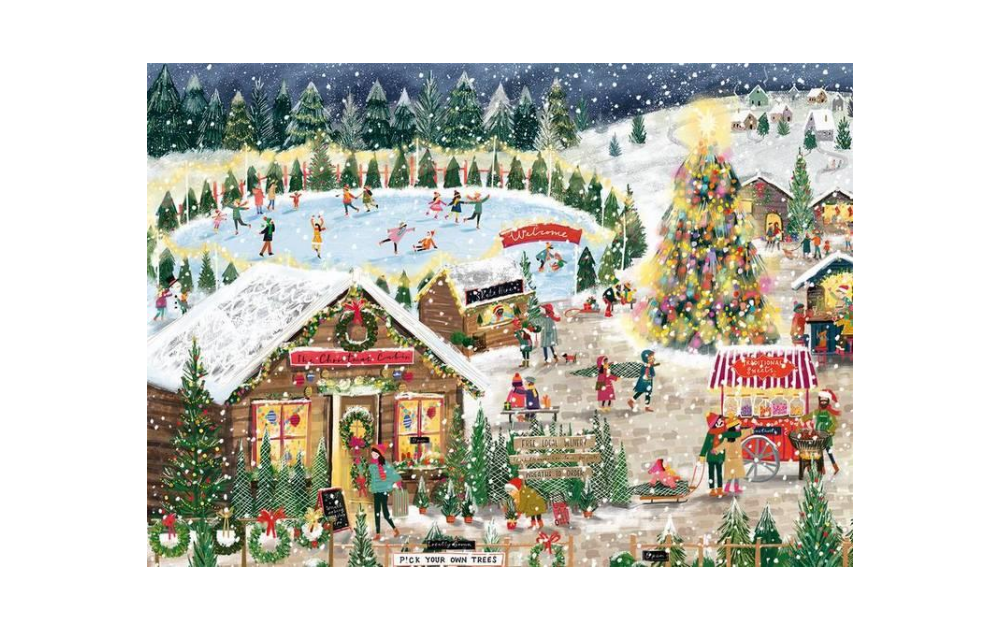 Winter Village 1000 Piece Jigsaw Puzzle by Falcon featuring a snowy festive scene with ice skaters and a Christmas tree