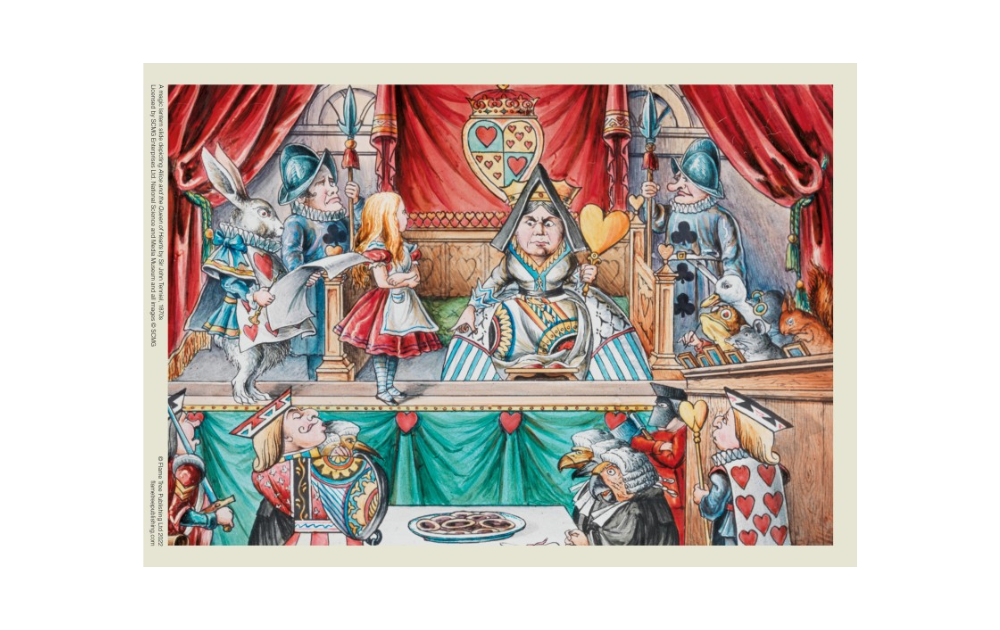 Alice in Wonderland jigsaw puzzle featuring the Queen of Hearts in a colorful courtroom scene