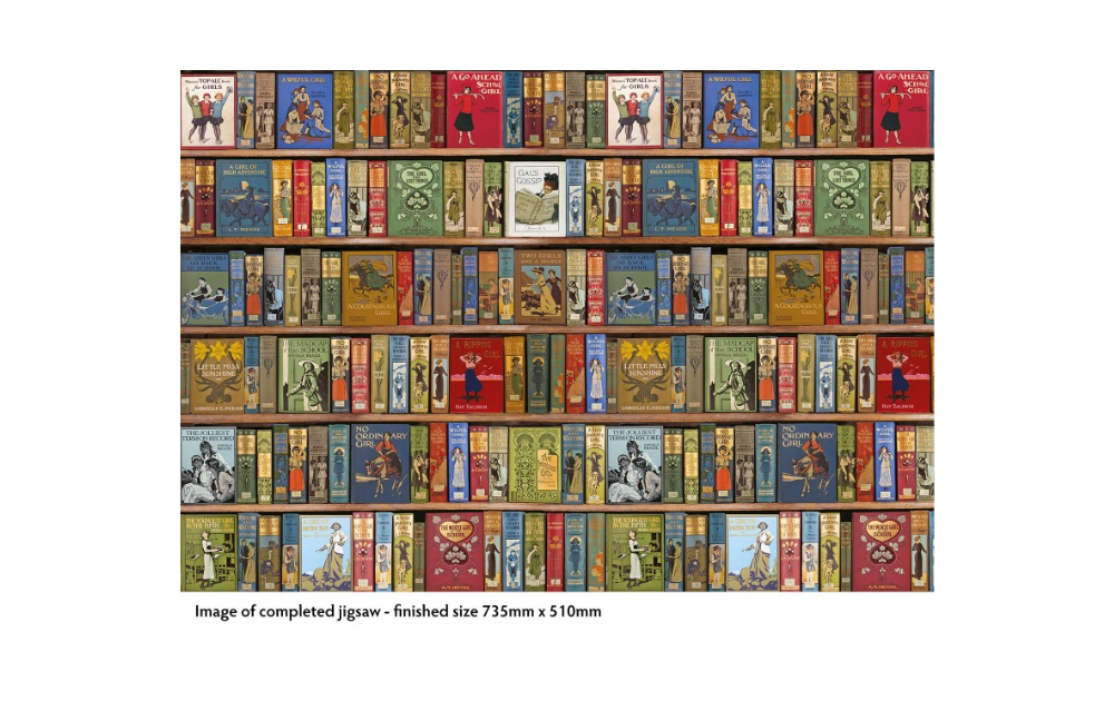 Completed Bodleian Library jigsaw puzzle featuring colorful book spines, dimensions 735mm x 510mm