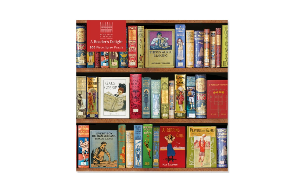 Bodleian Library puzzle 500 pieces featuring colorful vintage book covers in a library setting