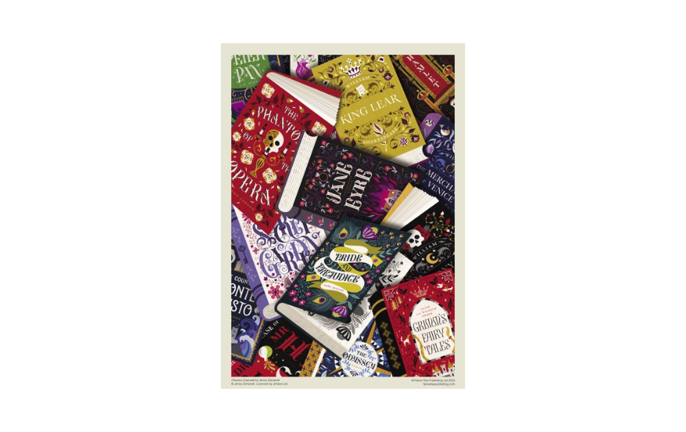 Flametree Classics Cascade puzzle featuring a vibrant collection of classic book covers stacked together