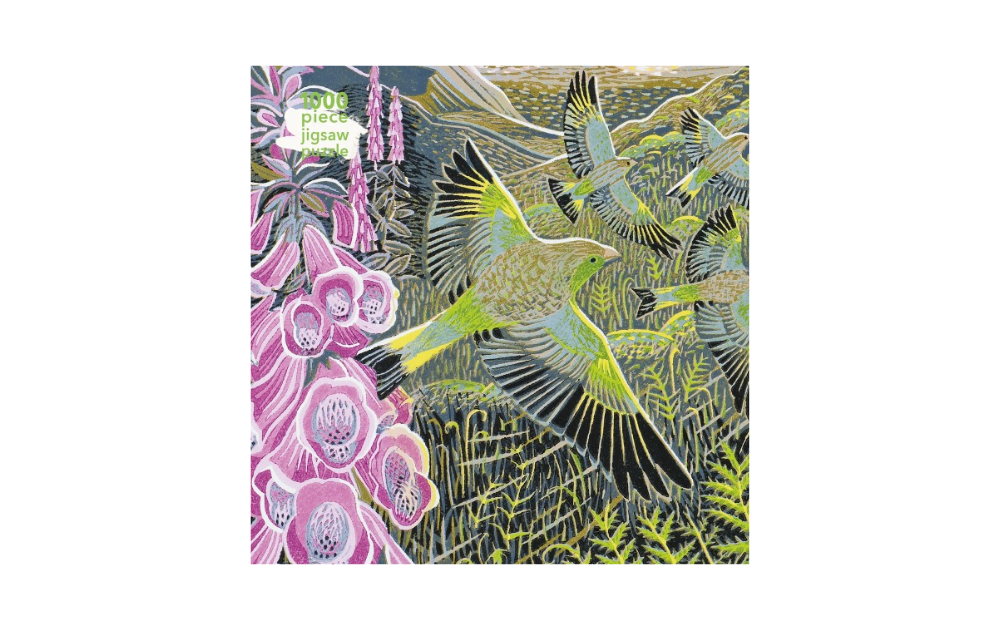 Foxgloves and Finches puzzle featuring vibrant artwork of finches amidst blooming foxgloves in a scenic landscape