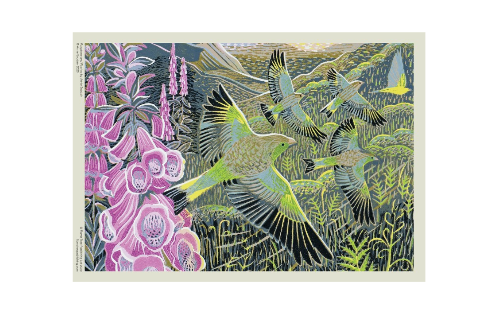 Foxgloves and Finches puzzle featuring vibrant birds and flowers in a beautiful landscape by Flametree