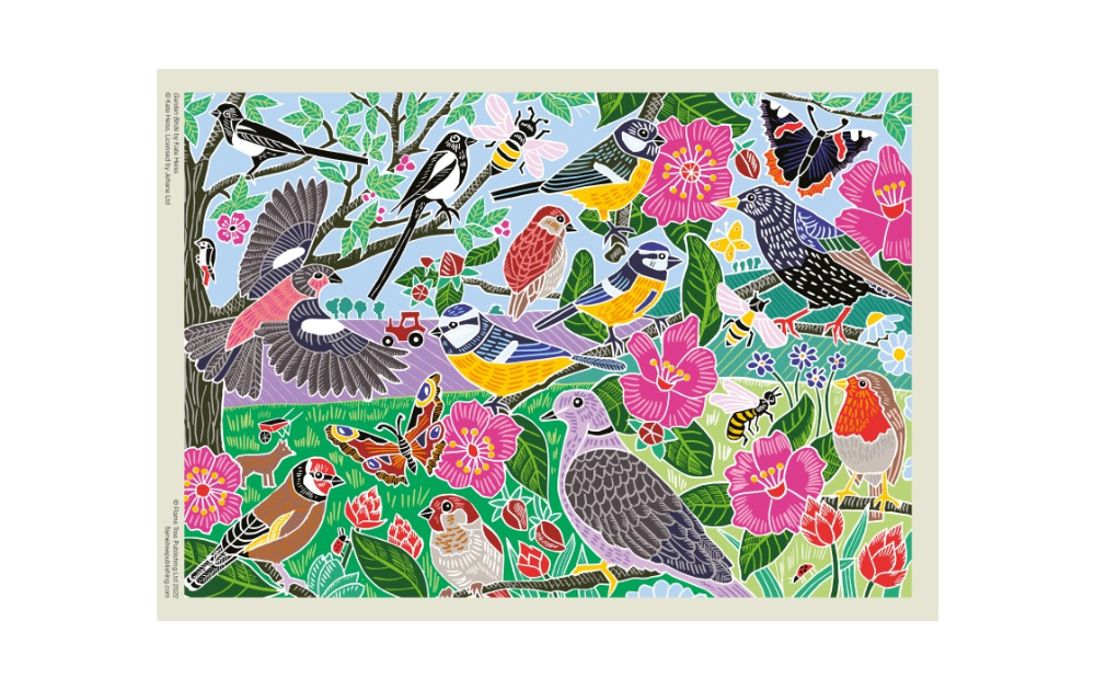 Garden Birds puzzle Kate Heiss featuring colorful birds and vibrant flowers in a scenic design