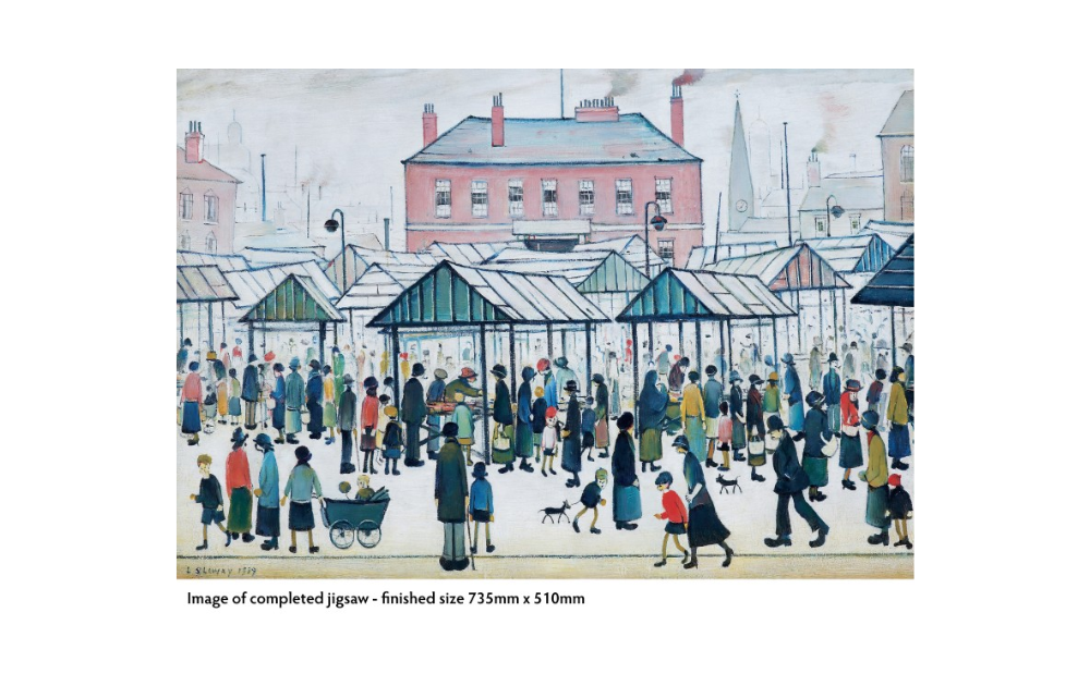 L S Lowry jigsaw puzzle featuring a bustling market scene from a Northern town in 1939