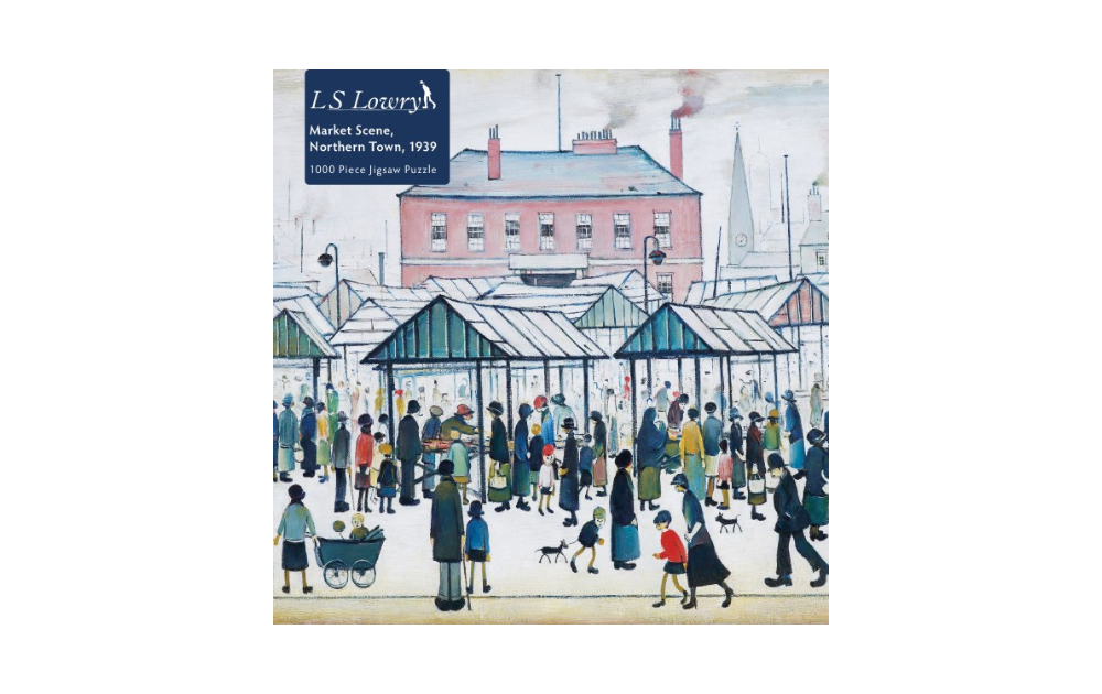 L S Lowry jigsaw puzzle featuring Market Scene, Northern Town, 1939 with vibrant artwork and bustling market life