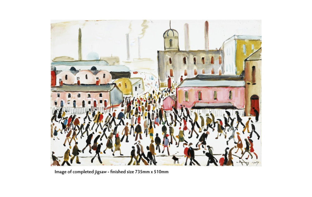 Completed L S Lowry puzzle 1000 pieces showing a busy street scene with crowds and factory buildings