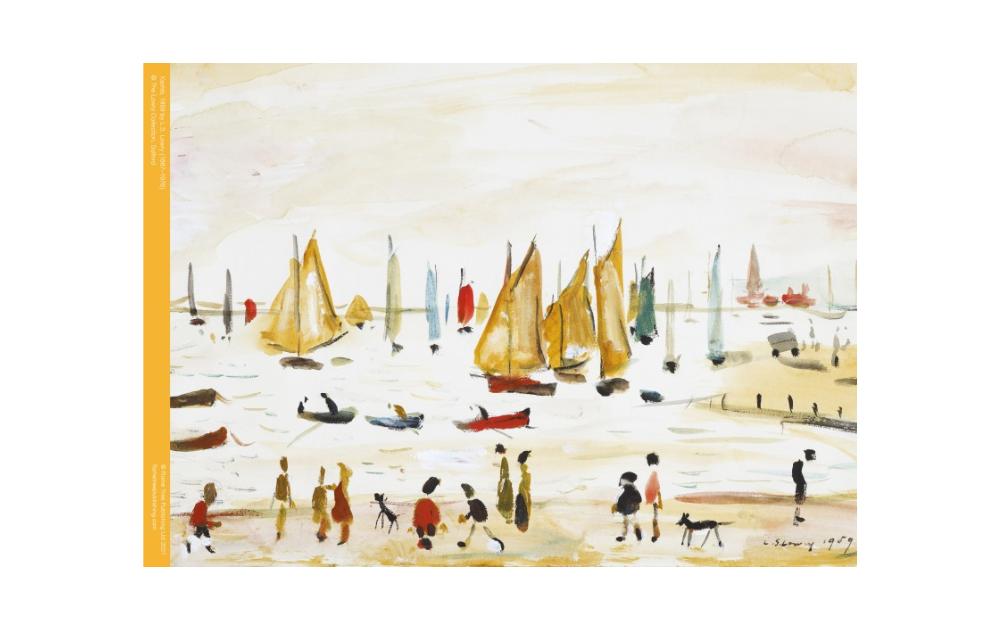L S Lowry yacht puzzle 500 pieces featuring a colorful seaside scene with boats and people