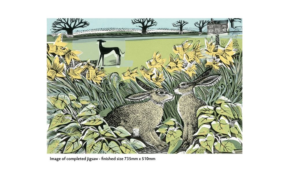 Look Out puzzle by Flametree featuring hares among yellow flowers in an artistic landscape