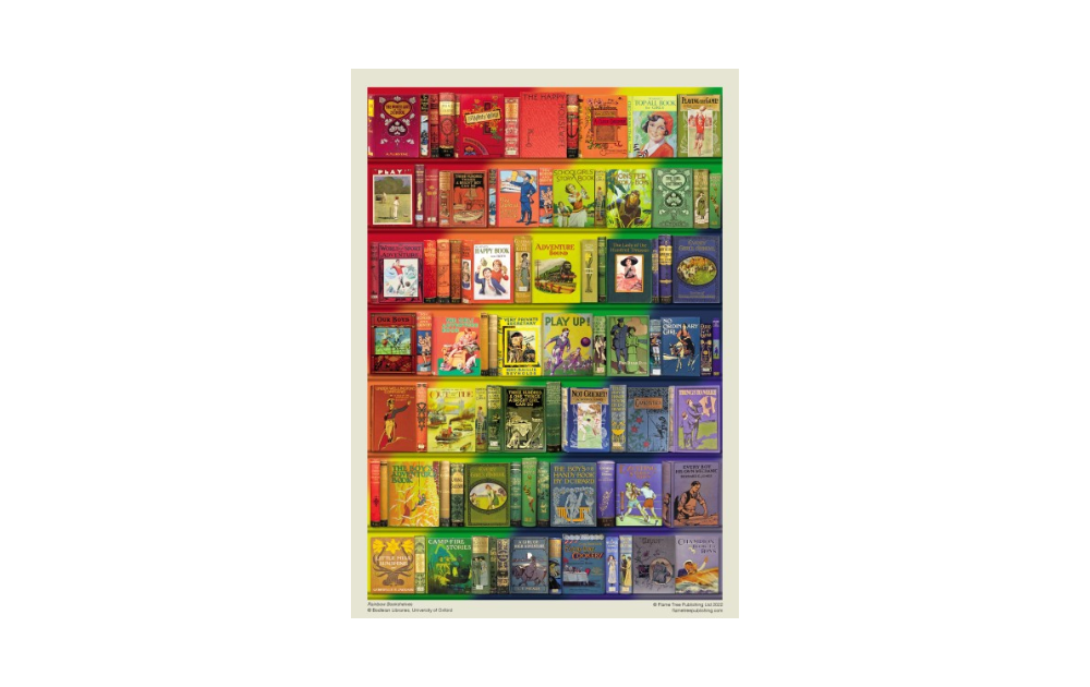 Rainbow Bookshelves puzzle featuring colorful book covers in a vibrant design by Flametree.