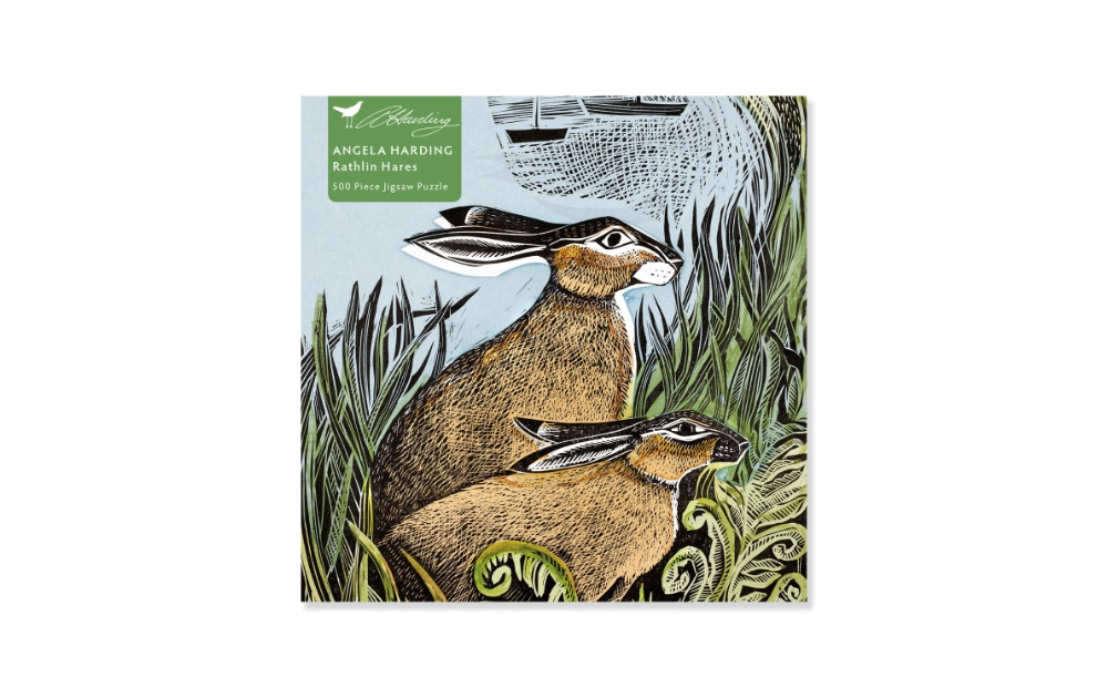 Rathlin Hares puzzle Angela Harding featuring two detailed hares in a lush natural setting