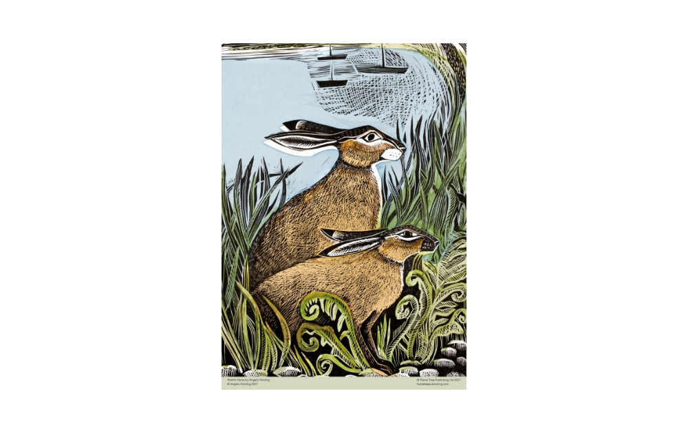 Rathlin Hares puzzle Angela Harding featuring two hares among lush greenery and coastal scenery