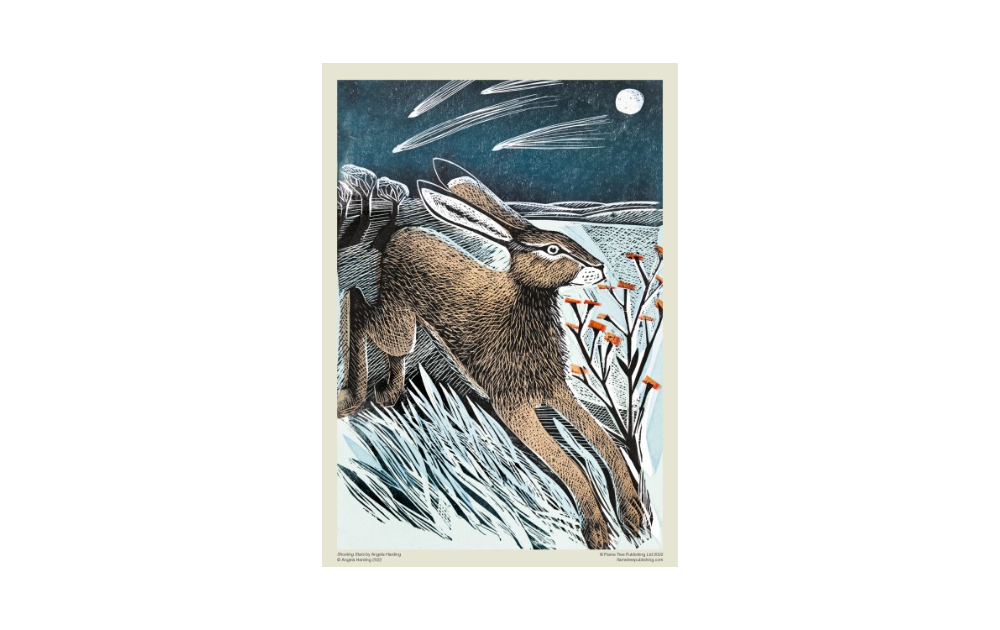 Shooting Stars jigsaw featuring a detailed illustration of a running hare against a moonlit sky by Angela Harding