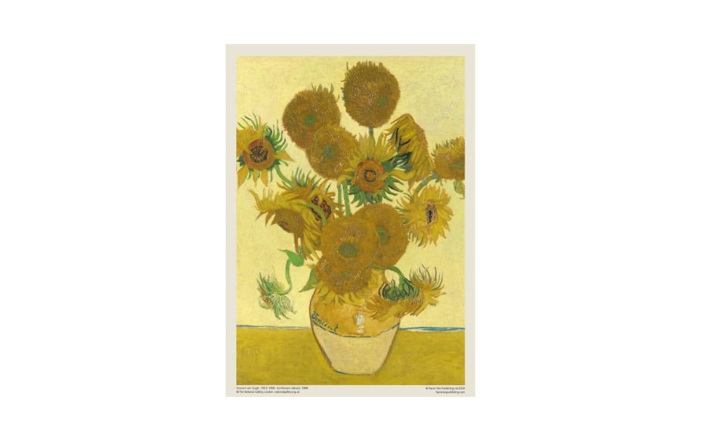 Van Gogh Sunflowers puzzle featuring a vibrant bouquet in a classic vase, ideal for jigsaw enthusiasts