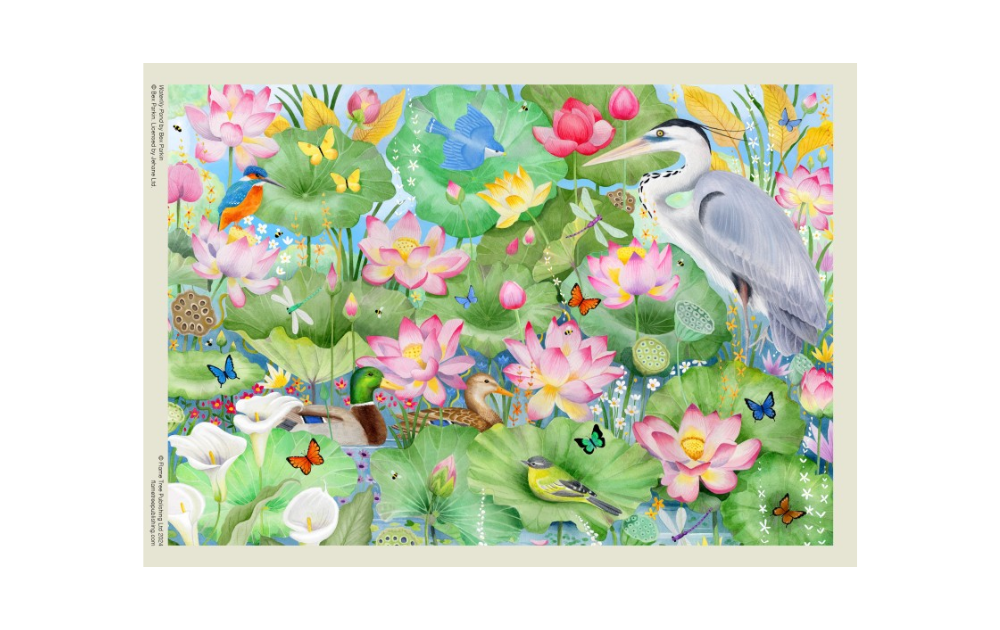 Waterlily Pond 1000 piece puzzle featuring vibrant flowers and birds by Flametree