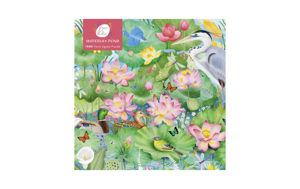 Waterlily Pond 1000 piece puzzle by Flametree featuring vibrant flowers and wildlife