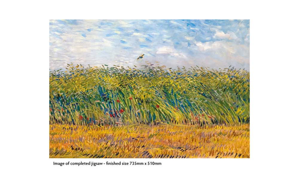 Wheat Field with a Lark puzzle by Flametree, depicting a vibrant landscape with grassy fields and a bright sky