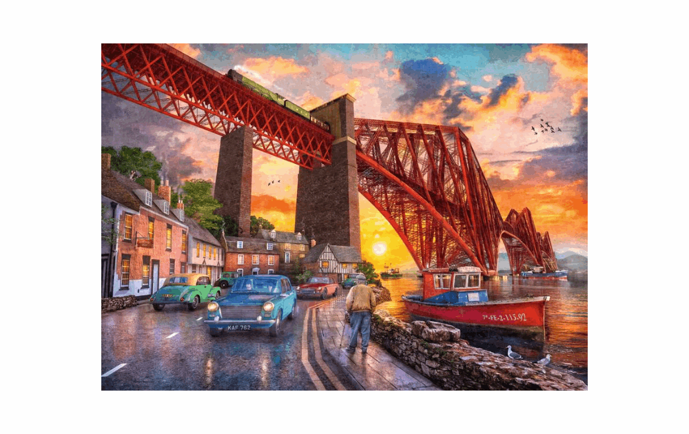 Ravensburger Forth Bridge puzzle depicting a vibrant sunset over the iconic bridge with classic cars