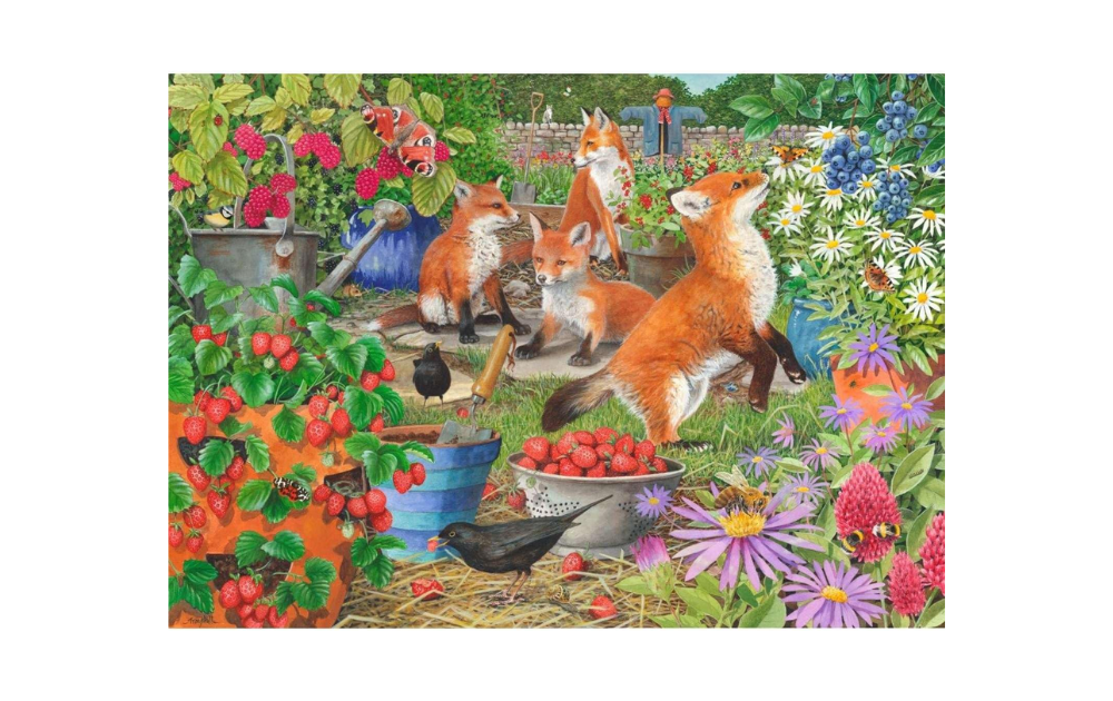 House of Puzzles Foxy Ladies 1000 piece jigsaw puzzle showing playful foxes in a colourful garden with strawberries and birds