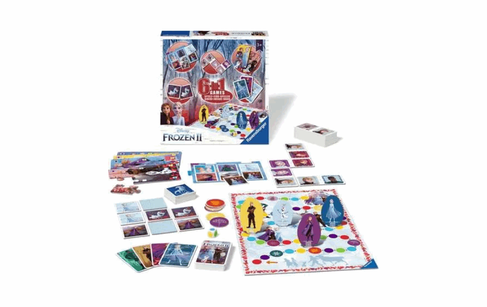 Ravensburger Frozen II 6 in 1 games box featuring various children's games and colorful game pieces