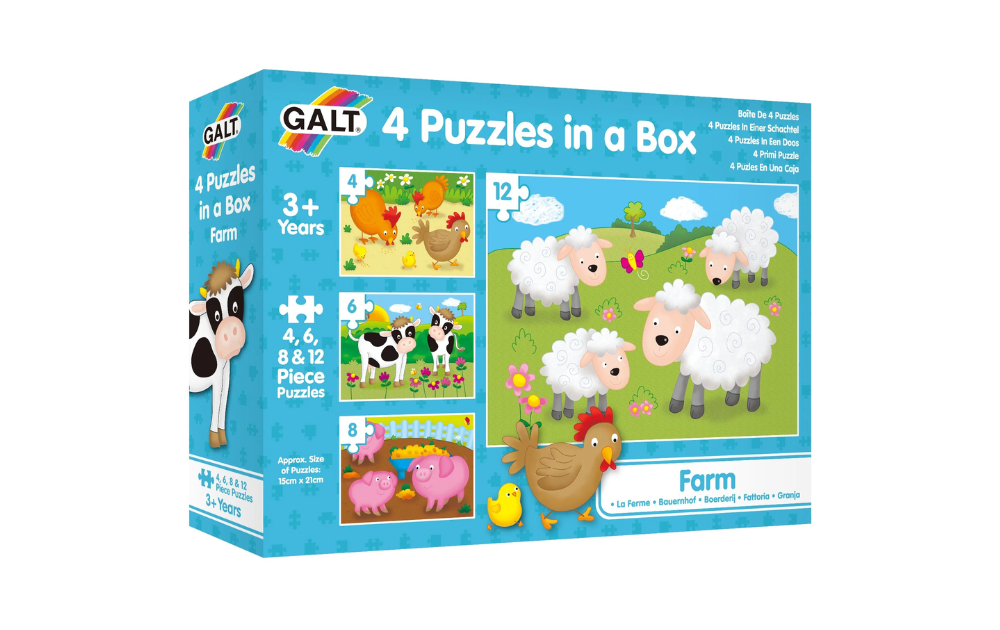 Galt 4 in a box farm puzzles set featuring colorful animal-themed jigsaw puzzles for children aged 3 and up