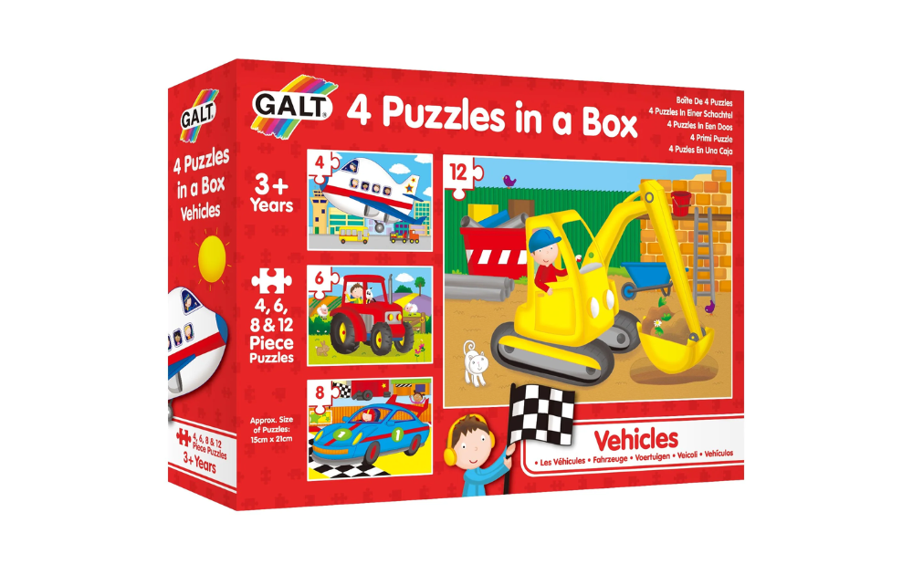 4 in a box vehicles puzzle by Galt featuring four colorful jigsaw puzzles for children aged 3 and older